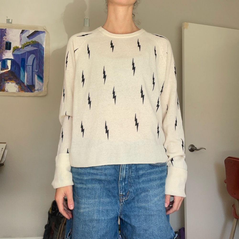 Equipment x Kate Moss 100% Cashmere Cream Sweater with Black Lightning